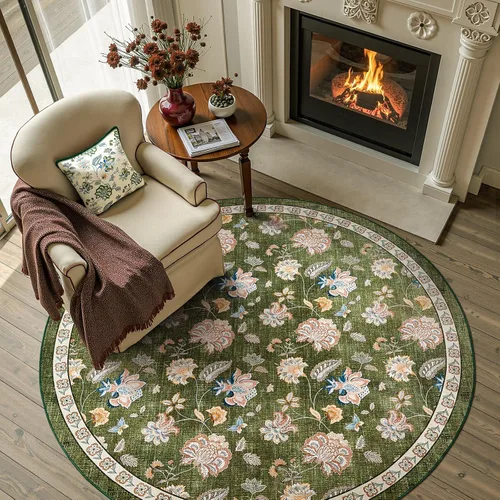 Miniatura 123 de Jinchan Fiora - Alfombra redonda de 8 pies, alfombras vintage con diseño floral envejecido, lavable a máquina, antideslizante, de pelo bajo, Azul