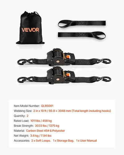 Miniatura 7 de VEVOR Correas de trinquete retráctiles, 2 pulgadas x 10 pies, correas de amarre con ganchos en S, resistencia a la rotura de 3033 libras, 2 bucles