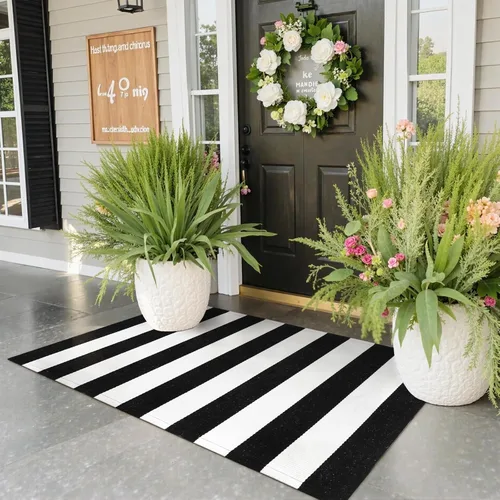 Miniatura 12 de KIMODE - Alfombra de algodón tejida con diseño a rayas en color negro, para puerta de entrada, cocina, decoración de estilo rústico