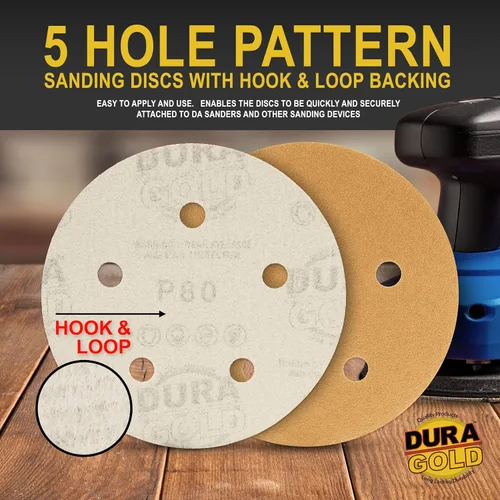 Miniatura 3 de Dura-Gold - Premium - Grano 80 - Discos de lija dorados de 5 pulgadas - Gancho y bucle sin polvo de 5 agujeros para lijadora DA - Caja de 50 discos