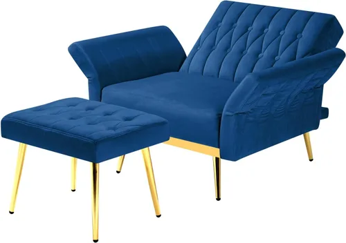Miniatura 7 de Silla decorativa de terciopelo con respaldo y reposabrazos ajustables, sillón reclinable individual con otomana y patas mentales doradas para sala