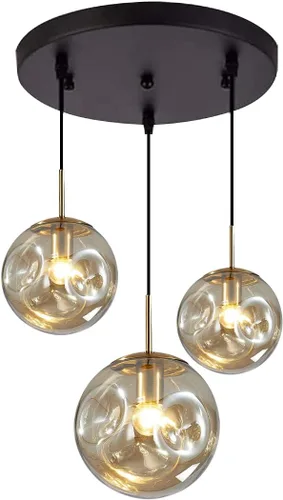 BOKT Lámpara Colgante de Globo de Vidrio Ámbar de 3 Luces, Accesorio de Luz Colgante de Racimo Moderna de Mediados de Siglo, Luz Colgante Múltiple