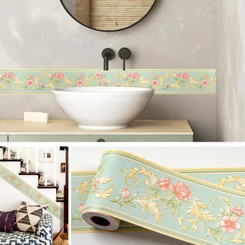 Miniatura 2 de AbaBoorty Borde de Papel Pintado Floral Verde Decor 196"X4.1" De Despegar y Pegar Borde de Pared Impermeable Azulejos Adhesivos Pegatinas de Papel