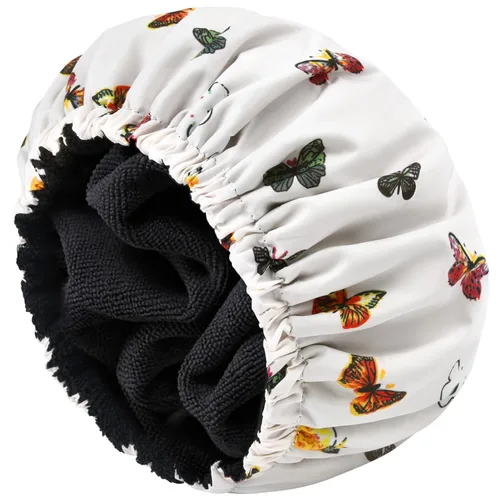Miniatura 23 de Gorro de ducha para mujer, gorro de baño negro, reversible, grande, impermeable, ajustable, forro de rizo y banda elástica, dobladillo elástico