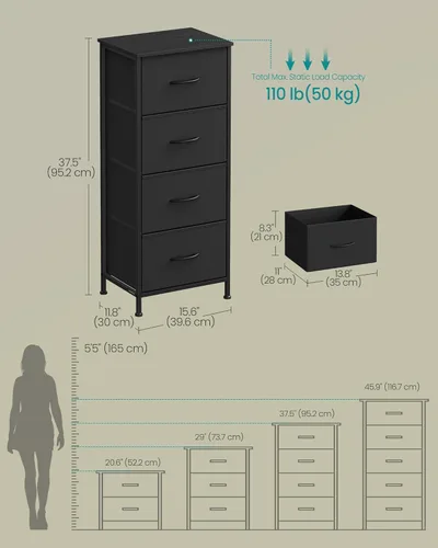 Miniatura 2 de SONGMICS Cómoda para dormitorio, cómoda, acero, MDF, 4 cajones de tela no tejida, unidad organizadora de almacenamiento, armario, entrada, negro