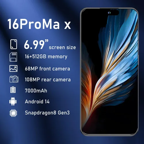 Miniatura 6 de OEJBK 16PM Smartphone Nueva actualización 16GB+512GB/6.99 pulgadas Pantalla 68+108MP Zoom Cámara, acabado de vidrio templado, 7000mAh Android 14