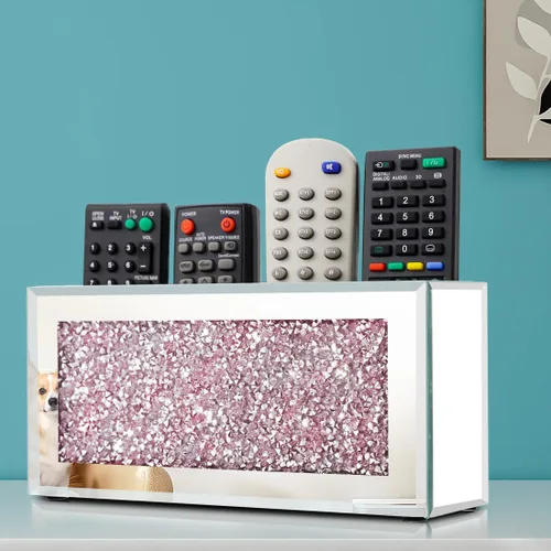Pibeyer Soporte de pared para control remoto con espejo, organizador remoto de diamante plateado aplastado, caja de almacenamiento decorativa para