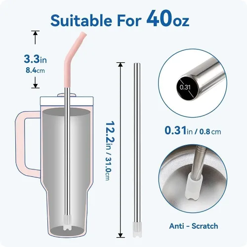 Miniatura 4 de Pajitas de metal rectas para vaso Stanley de 40 onzas, paquete de 3 popotes reutilizables de acero inoxidable con puntas de silicona y cepillo