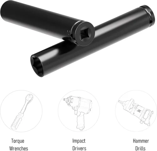 Miniatura 5 de Juego de Accesorios para Llave de Impacto de 1/2 Pulgada, 19mm (3/4 Pulgada) de Profundidad, 6 Puntos, 6 Pulgadas de Largo y Adaptador de Eje