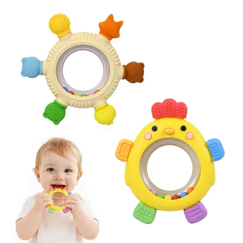 Paquete de 2 juguetes sensoriales para bebés, anillos de dentición para bebés de 0-6, 6 a 12 meses, mordedores de silicona para alivio de