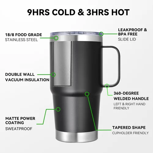 Miniatura 2 de Vaso térmico de acero inoxidable de 20 oz con asa, envase a granel, vasos termales metálicos aislados, taza de café de viaje con asa, vaso de doble