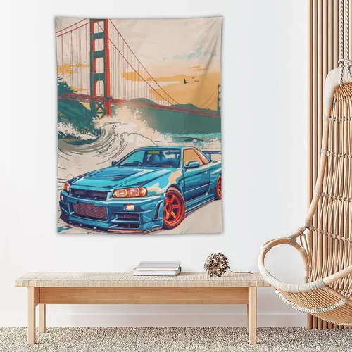 Miniatura 5 de QEOPGNE Tapiz grande para colgar en la pared, diseño de puente de puerta dorada, grandes olas, japonés, retro, Jdm, auto, R34, tapiz para 2