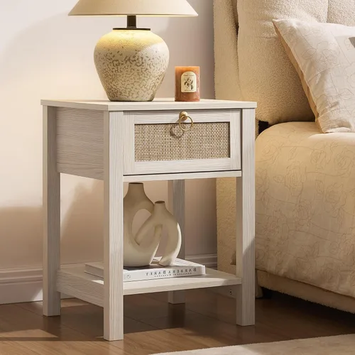 Miniatura 13 de SICOTAS Mesita de noche de ratán, cajón decorativo de ratán con perillas de latón, mesita de noche, mesa auxiliar bohemia con estante