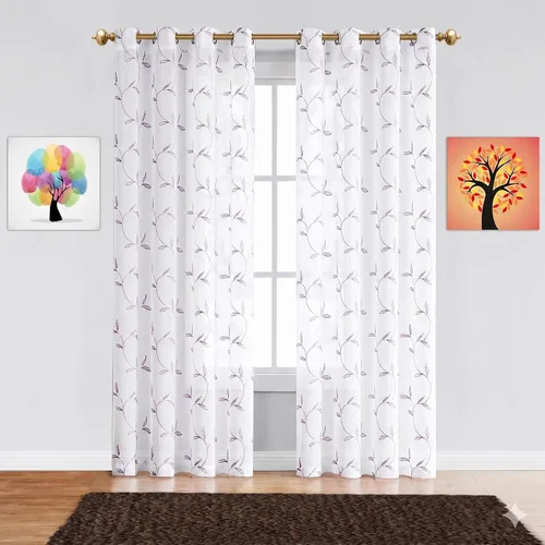 Miniatura 12 de Cortinas LinenZone de piso a techo para ventanas extra anchas. Cortinas transparentes blancas para divisores de habitación con bordado de hojas rosa