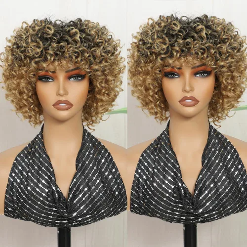 Miniatura 13 de Peluca rizada corta con flequillo peluca sintética afroamericana para mujeres negras, fibra sintética de alta temperatura, pelucas rizadas