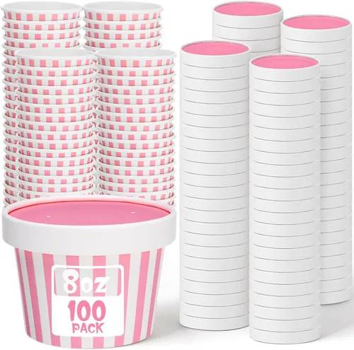 Miniatura 15 de Fulmoon Paquete de 100 recipientes de papel para sopa con tapas, recipientes de papel desechables para alimentos con tapa ventilada, tazas de postre