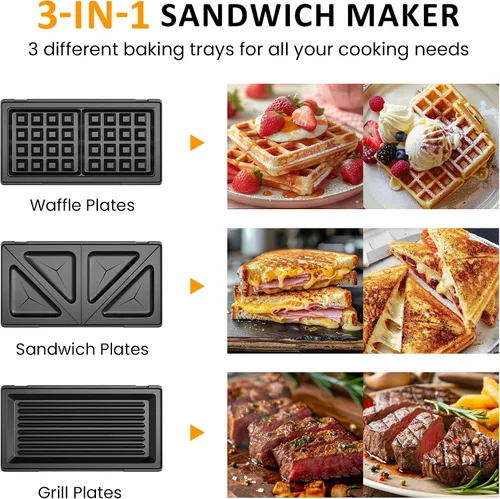Miniatura 2 de Sunvivi Sandwich Maker Panini Press: waflera con placas extraíbles, prensa para sándwiches 3 en 1 con placas antiadherentes, luces indicadoras