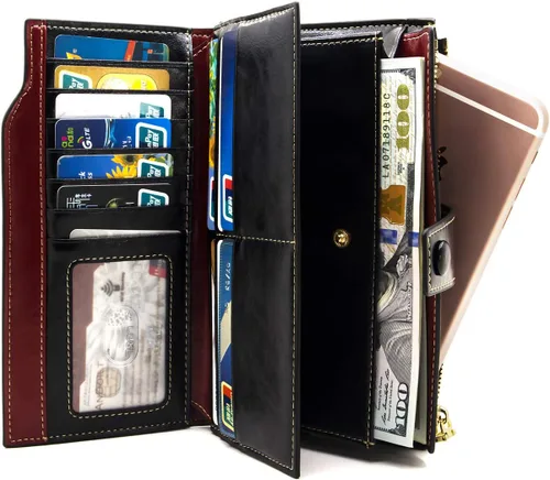 Miniatura 2 de ANDOILT Cartera de cuero genuino con bloqueo RFID para mujer, de gran capacidad, de lujo, con cera, tarjetero, organizador
