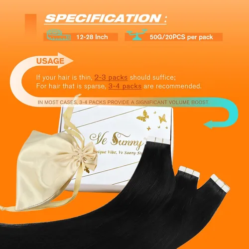 Miniatura 5 de Sunny Hair - Extensiones de cabello humano real para mujer, con cinta adhesiva invisible, Remy, color negro azabache, 12 pulgadas, 20 piezas