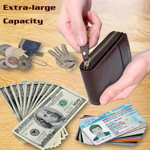Miniatura 3 de Admetus - Billetera doble de cuero genuino, pequeña, con cremallera, para hombre