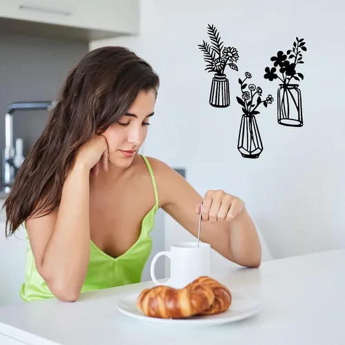 Miniatura 5 de Qzmaikoo 3 piezas de flores de metal negro para decoración de pared, jarrón, esculturas artísticas para colgar en interiores, cocina, baño, comedor
