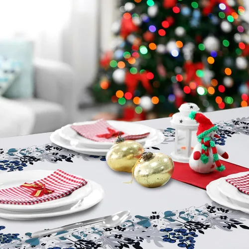 Miniatura 6 de Peryiter Mantel de Navidad Azul y Blanco de 60 x 84 Pulgadas Mantel de Navidad de Poinsettia Azul Decoraciones de Invierno Reutilizable Mantel