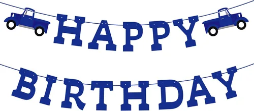 Decoraciones de cumpleaños de camión azul pre-encordado azul feliz cumpleaños banner pequeño camión fiesta suministros favores