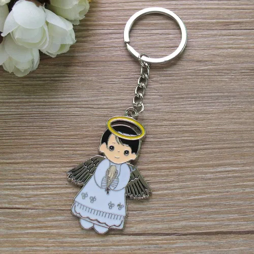 Miniatura 6 de Regalo personalizado de primera comunión (12 piezas) - Llavero de metal de niño ángel blanco, regalo de bautizo para invitados con grabado/bautismo
