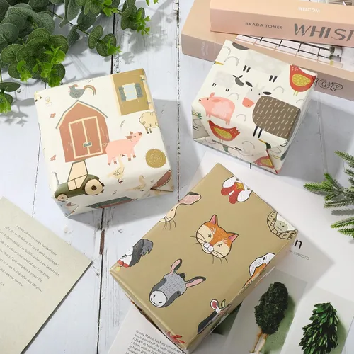 Miniatura 4 de 12 hojas de papel de regalo de granja, no enrollado, papel de regalo con tema de animales de granja, plegado a granel, plano retro, caricatura