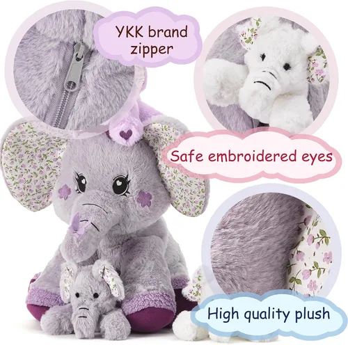 Miniatura 4 de Elefante mamá de peluche de animal de peluche mamá y bebé, lindo juego familiar pequeño de 13 pulgadas con mini bebés, regalos para niños