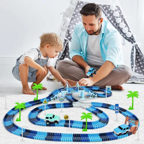 Miniatura 7 de Juguetes de auto de pista, 269 piezas de juguete de pistas de carreras, crea un camino de carreras del mundo congelado, juego de pistas flexibles