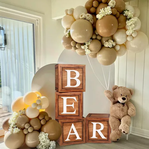 Miniatura 4 de Cajas de globos marrones para bebé con 27 letras - 4 piezas de bloques para baby shower con veta de madera y letras A-Z+B decoración de bosque y oso