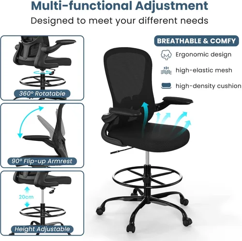 Miniatura 5 de Silla de dibujo, silla de oficina alta con reposabrazos abatibles, silla de escritorio de pie ergonómica ejecutiva para computadora, silla de dibujo