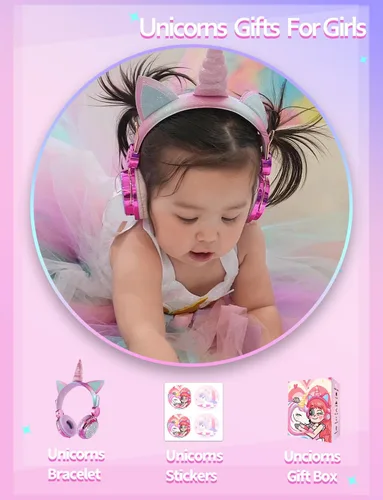 Miniatura 5 de Auriculares estilo unicornio para niños con micrófono, ideales para la escuela/viajes, limitador de volumen de 95 dB, Shareport, auriculares