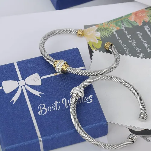 Miniatura 6 de Tiyad Pulsera de cable de acero inoxidable vintage con alambre trenzado compuesto abierto, pulsera ajustable para mujeres y hombres, niñas
