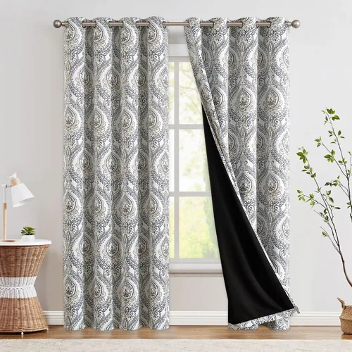 jinchan Cortinas opacas de 90 pulgadas de largo, 2 paneles de medallón de damasco azul, cortinas de ventana para dormitorio, con ojales, aislamiento