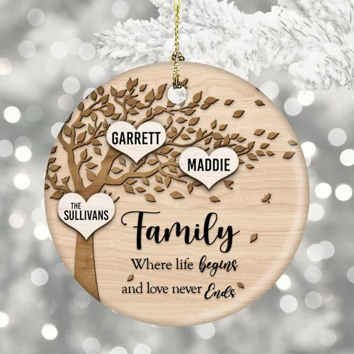 Miniatura 4 de Family Where Life Begins and Never Ends - Adorno de Navidad personalizado de cerámica de 3 pulgadas con caja de regalo (2 nombres)
