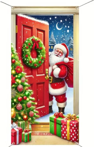 Miniatura 10 de BlissYard Cubierta de puerta de Feliz Navidad de 71 x 35 pulgadas, pancartas para puerta de porche delantero, decoración de invierno, Papá Noel