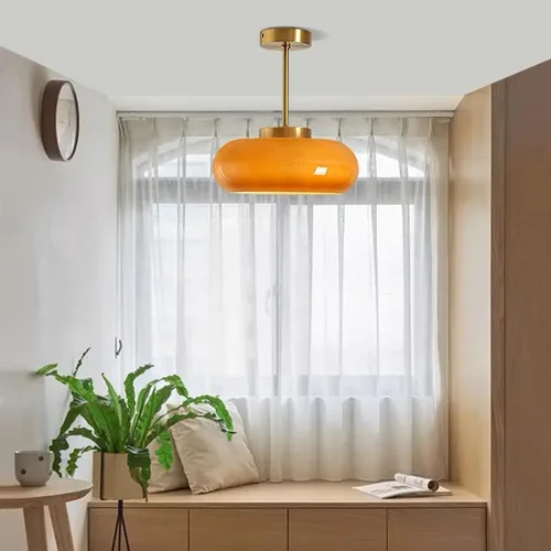 Miniatura 6 de Lámpara de techo semiempotrada de cristal, moderna cerca del techo, pantalla de cristal de cúpula naranja de 11 pulgadas, lámpara de techo dorada
