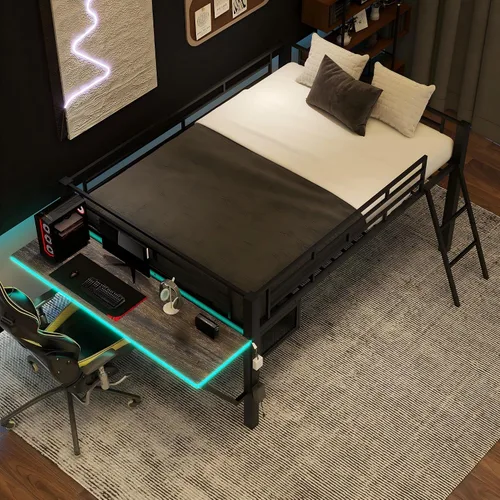 Miniatura 13 de Harper & Bright Designs Cama tipo loft con techo y escalera integrada, cama alta de metal tamaño individual con ventana y valla de seguridad