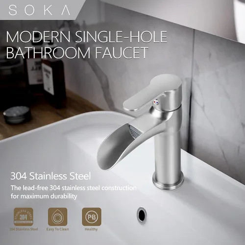Miniatura 2 de SOKA - llave de baño en cascada, llave de fregadero de baño con un solo mango y un solo agujero para lavabo, llave de lavabo con desagüe emergente