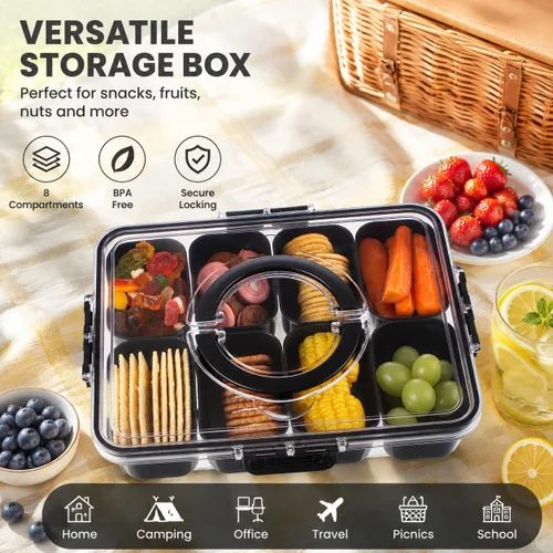 Miniatura 4 de Dingerjar Bandeja dividida para servir con tapa y asa - Snackle Box Contenedor de charcutería para bandejas de aperitivos portátiles, organizador