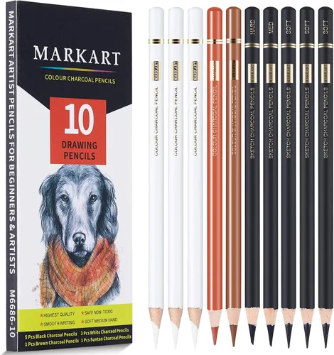 MARKART Lápices de carbón para dibujar, paquete de 10 lápices de carbón blanco y negro para bocetos, sombreado, mezcla, lápiz de artista para