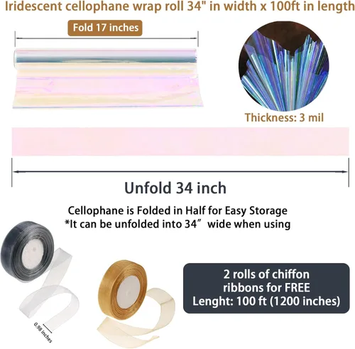 Miniatura 4 de GcFoir Papel de regalo transparente para arco iris de flores, rollo de celofán iridiscente de 34 pulgadas x 100 pies, rollo de celofán iridiscente