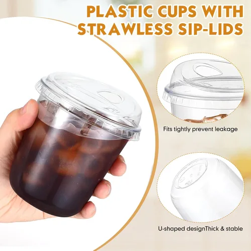 Miniatura 4 de Baderke 100 Vasos de Plástico con Tapas para Sorber Fondo Redondo Vasos de Café de Plástico Desechables con Tapas Tazas de Cristal Transparentes sin