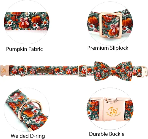Miniatura 2 de Elegant little tail - Collar de otoño para perros, collares de Halloween para mascotas con corbatín, lindo estampado de flores y calabaza, collares