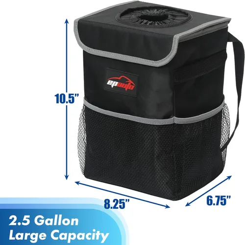 Miniatura 2 de EPAuto Basurero impermeable para automóvil con tapa y bolsillos de almacenamiento, 2.5 galones, color negro