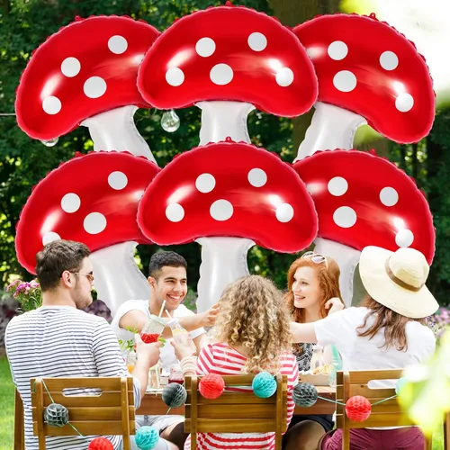 Miniatura 5 de 6 globos con forma de hongo, globos de Mylar de 31 pulgadas, bonitos globos de cumpleaños en forma de hongo para decoración de fiestas temáticas