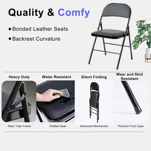 Miniatura 5 de Paquete de 2 sillas plegables, silla comercial apilable portátil, silla de cuero acolchada para interiores y exteriores con marco de metal Negro