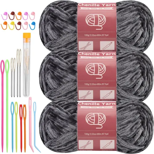 Miniatura 46 de LUNARM Hilado de chenilla para tejer y hacer ganchillo, 3 madejas de 240 metros de hilo grueso, suave y voluminoso, para tejer mantas, ropa y Beige